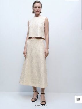 Mango textured flared Elegant Cream Midi Skirt - Textured Floral A-Line